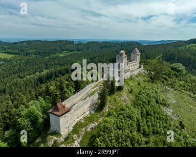 Blick aus der Vogelperspektive auf das Schloss von Kaspersky Hrad oder Karlsberg in Tschechien. Der zentrale Teil der Burg besteht aus zwei Wohntürmen und einem länglichen Palast Stockfoto