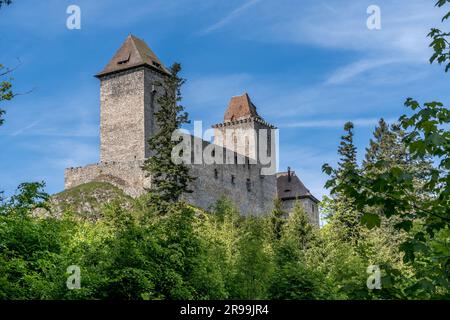 Blick aus der Vogelperspektive auf das Schloss von Kaspersky Hrad oder Karlsberg in Tschechien. Der zentrale Teil der Burg besteht aus zwei Wohntürmen und einem länglichen Palast Stockfoto