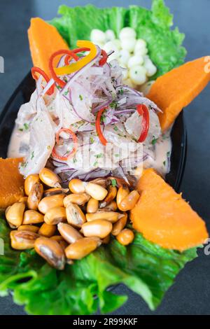 Blick von oben auf ein typisches Gericht der lateinischen Küche. Peruanische Ceviche. Stockfoto