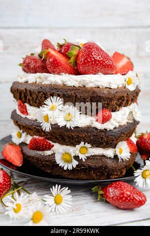 Schokoladen-Erdbeer-Herzkuchen mit Kamillenblumen-Dekoration Stockfoto