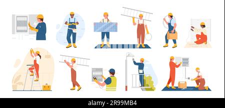 Die Arbeit von Elektrikern zur Vektordarstellung. Cartoon isolierte Techniker des Wartungs- und Reparaturservice reparieren das elektrische Stadtsystem, Reparaturarbeiter arbeiten mit professionellen Geräten, Kabeln, Solarpaneelen Stock Vektor