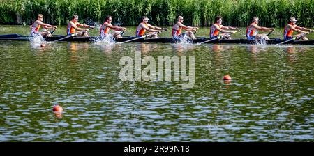 AMSTELVEEN - Guus Mollee (Bug), Olav Molenaar, Jan van der Bij, Guillaume Krommenhoek, Sander de Graaf, Jacob van de Kerkhof, Gert-Jan van Doorn, Mick Makker (Stroke), Dieuwke Fetter (Steer) in Aktion während des Finales Holland Acht - M8+ beim Royal Holland Cup. Die Regatta findet im Amsterdamse Bos statt. ANP ROBIN UTRECHT Stockfoto