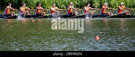 AMSTELVEEN - Guus Mollee (Bug), Olav Molenaar, Jan van der Bij, Guillaume Krommenhoek, Sander de Graaf, Jacob van de Kerkhof, Gert-Jan van Doorn, Mick Makker (Stroke), Dieuwke Fetter (Steer) in Aktion während des Finales Holland Acht - M8+ beim Royal Holland Cup. Die Regatta findet im Amsterdamse Bos statt. ANP ROBIN UTRECHT Stockfoto