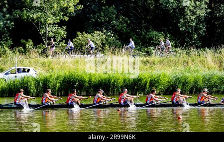 AMSTELVEEN - Guus Mollee (Bug), Olav Molenaar, Jan van der Bij, Guillaume Krommenhoek, Sander de Graaf, Jacob van de Kerkhof, Gert-Jan van Doorn, Mick Makker (Stroke), Dieuwke Fetter (Steer) in Aktion während des Finales Holland Acht - M8+ beim Royal Holland Cup. Die Regatta findet im Amsterdamse Bos statt. ANP ROBIN UTRECHT Stockfoto