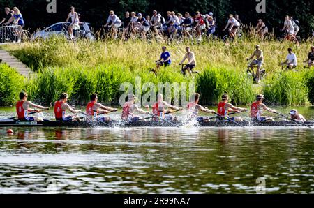 AMSTELVEEN - Guus Mollee (Bug), Olav Molenaar, Jan van der Bij, Guillaume Krommenhoek, Sander de Graaf, Jacob van de Kerkhof, Gert-Jan van Doorn, Mick Makker (Stroke), Dieuwke Fetter (Steer) in Aktion während des Finales Holland Acht - M8+ beim Royal Holland Cup. Die Regatta findet im Amsterdamse Bos statt. ANP ROBIN UTRECHT Stockfoto