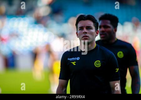 Drammen, Norwegen, 25. Juni 2023. Bodø/Glimts Hugo Vetlesen beim warm Up vor dem Spiel zwischen Strømsgodset und Bodø/Glimt im Marienlyst-Stadion in Drammen. Quelle: Frode Arnesen/Alamy Live News Stockfoto