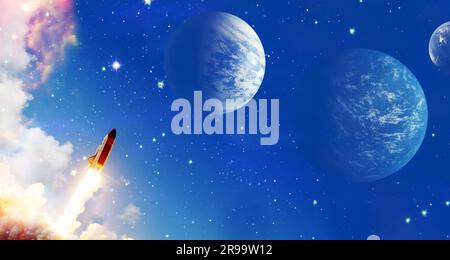 Raketen fliegen in den Weltraum am Sternenhimmel. Das Raumschiff fliegt mit Rauchwolken in den Weltraum. Stockfoto