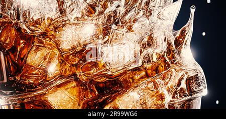 Cola mit Eis, Nahaufnahme der Eiswürfel in Cola-Wasser. Konsistenz des Karbonatgetränks mit Glasblasen. Cola Limonade und Eisspritzer, sprudelnd oder schwimmend Stockfoto