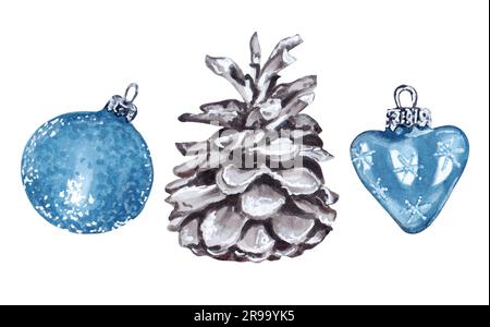 Weihnachtsdekorationen und Neujahrsdekorationen. Weihnachtsbaumspielzeug und Kiefernzapfen. Festliche Dekoration für die Feiertage. Marker und Aquarelle. Stockfoto