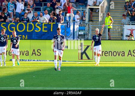 Drammen, Norwegen, 25. Juni 2023. Strømsgodsets Jonatan Braut Brunes feiert 1-0 Punkte im Spiel zwischen Strømsgodset und Bodø/Glimt im Marienlyst-Stadion in Drammen. Quelle: Frode Arnesen/Alamy Live News Stockfoto