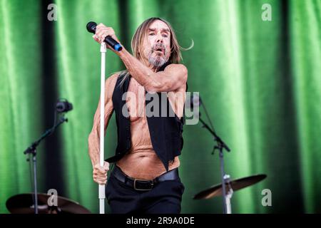 Oslo, Norwegen. 24. Juni 2023. Der amerikanische Sänger, Musiker und Rocklegende Iggy Pop führt während des norwegischen Musikfestivals Tons of Rock 2023 in Oslo ein Live-Konzert auf. (Foto: Gonzales Photo/Alamy Live News Stockfoto