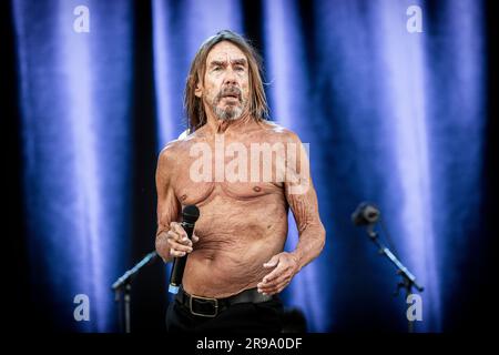 Oslo, Norwegen. 24. Juni 2023. Der amerikanische Sänger, Musiker und Rocklegende Iggy Pop führt während des norwegischen Musikfestivals Tons of Rock 2023 in Oslo ein Live-Konzert auf. (Foto: Gonzales Photo/Alamy Live News Stockfoto