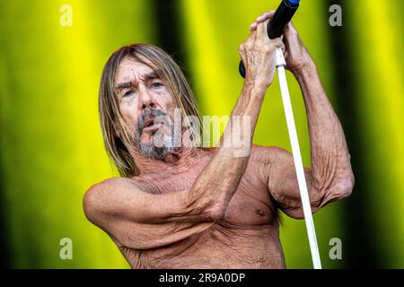 Oslo, Norwegen. 24. Juni 2023. Der amerikanische Sänger, Musiker und Rocklegende Iggy Pop führt während des norwegischen Musikfestivals Tons of Rock 2023 in Oslo ein Live-Konzert auf. (Foto: Gonzales Photo/Alamy Live News Stockfoto