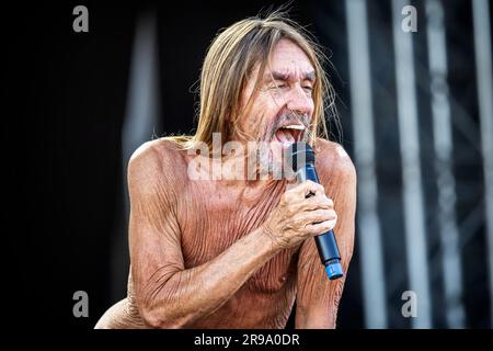 Oslo, Norwegen. 24. Juni 2023. Der amerikanische Sänger, Musiker und Rocklegende Iggy Pop führt während des norwegischen Musikfestivals Tons of Rock 2023 in Oslo ein Live-Konzert auf. (Foto: Gonzales Photo/Alamy Live News Stockfoto