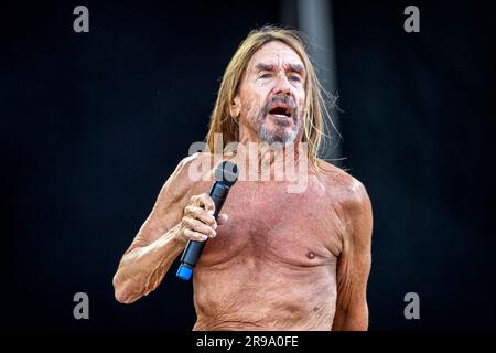 Oslo, Norwegen. 24. Juni 2023. Der amerikanische Sänger, Musiker und Rocklegende Iggy Pop führt während des norwegischen Musikfestivals Tons of Rock 2023 in Oslo ein Live-Konzert auf. (Foto: Gonzales Photo/Alamy Live News Stockfoto