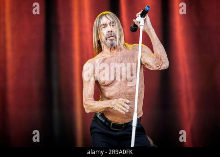 Oslo, Norwegen. 24. Juni 2023. Der amerikanische Sänger, Musiker und Rocklegende Iggy Pop führt während des norwegischen Musikfestivals Tons of Rock 2023 in Oslo ein Live-Konzert auf. (Foto: Gonzales Photo/Alamy Live News Stockfoto