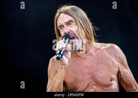 Oslo, Norwegen. 24. Juni 2023. Der amerikanische Sänger, Musiker und Rocklegende Iggy Pop führt während des norwegischen Musikfestivals Tons of Rock 2023 in Oslo ein Live-Konzert auf. (Foto: Gonzales Photo/Alamy Live News Stockfoto