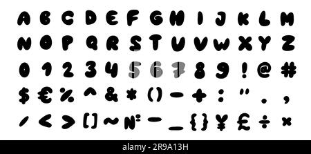 Unregelmäßige Formen Schwarze englische lateinische abc-Schriftart mit Ziffern und Symbolen handgezeichnet Von A bis Z, 0 bis 9 eingestellt. Vektordarstellung im Doodle-Stil Isol Stock Vektor