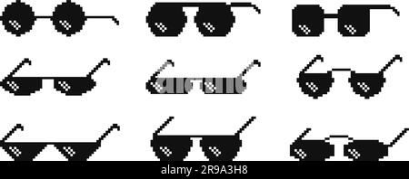 Pixel Boss Sonnenbrille, 8-Bit-Sonnenbrille. Logos für isolierte Gangster Meme, Ikonen für Retro-Spiele. Comic-Witz anständige digitale Vektorelemente Stock Vektor