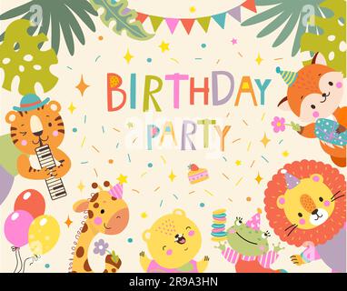 Birthday animal invitation, jungle animals banner design. Children exotic zoo characters, giraffe, fox and lion. Cartoon nowaday vector card Stock Vektor