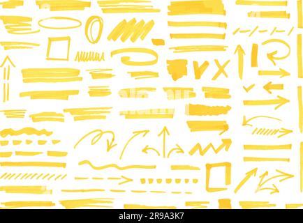 Gelbe Textmarker-Elemente, saure Textmarker-Streifen. Unterstrichenes Element, Farbtextmarke. Markerpinsel unterstreichen neoterischen Vektorsatz Stock Vektor