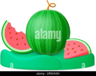 Wassermelone auf Podium 3D Szene. Realistische Wassermelonenscheiben, saftige, frische Obst-Grafikelemente. Isolierter grüner Vektorstand mit Nahrung Stock Vektor