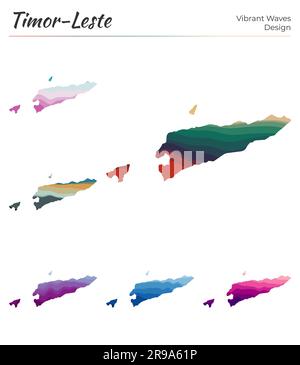 Satz von Vektorkarten von Timor-Leste. Lebendiges Wellendesign. Helle Landkarte im geometrischen, glatten Kurvenstil. Stock Vektor