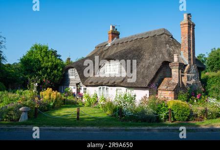 Manor Cottage, ein traditionelles britisches strohgedecktes Feuersteinhaus in Rustington, West Sussex, England, Großbritannien. Stockfoto