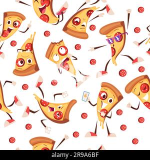 Pizza-Muster. Verschiedene Scheiben Pizza Maskottchen verschiedene Actionpositionen Stock Vektor
