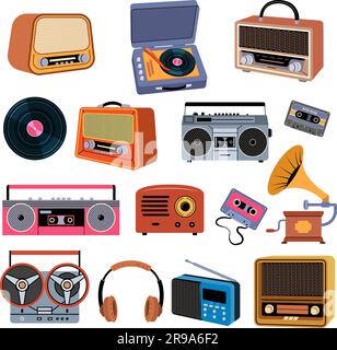 Musikgeräte. Retro-Musik-Gadgets Headset-Radio und -Player neuere Vektor-stilisierte Illustrationen Stock Vektor