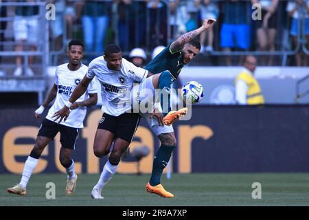 Sao Paulo, Brasilien. 25. Juni 2023. SP - SAO PAULO - 06/25/2023 - BRAZILEIRO A 2023, PALMEIRAS X BOTAFOGO - Ze Rafael Spieler aus Palmeiras konkurriert mit Junior Santos Spieler aus Botafogo während eines Spiels im Arena Allianz Parque Stadion um die BRASILIANISCHE A 2023 Meisterschaft. Foto: Ettore Chiereguini/AGIF/Sipa USA Guthaben: SIPA USA/Alamy Live News Stockfoto