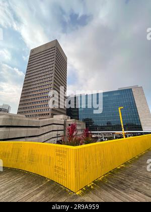 Rotterdam, Niederlande - 10. Oktober 2021: Der Luchsingel ist eine gelb gestrichene Holzfußbrücke in Rotterdam. Stockfoto