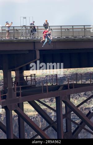 Zwei Leute machen einen Tandemsprung von der Perrine Bridge in Twin Falls, Idaho. Stockfoto