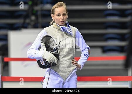 Krakau, Polen. 25. Juni 2023. Die Fechtsportlerin Delphine Groslambert zeigte sich am Sonntag, den 25. Juni 2023, während des Fechtwettbewerbs bei den Europaspielen in Krakau, Polen, in Aktion. Die Europaspiele 3., informell bekannt als Krakau-Malopolska 2023, sind eine geplante internationale Sportveranstaltung, die vom 21. Juni bis 02. Juli 2023 in Krakau und Malopolska, Polen, stattfindet. BELGA PHOTO TEAM BELGIEN Kredit: Belga News Agency/Alamy Live News Stockfoto