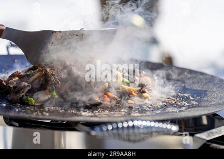 Gebratenes Rentierfleisch Mix wird auf einer Murrikka Grillpfanne zubereitet. Stockfoto