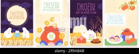 Grafikdesign für bedruckbare Chuseok-Karten. Asiatisch-koreanisches Thanksgiving-Festival, Landwirtschafts-Poster. Traditioneller chinesischer Rutschvektorhintergrund Mitte Herbst Stock Vektor