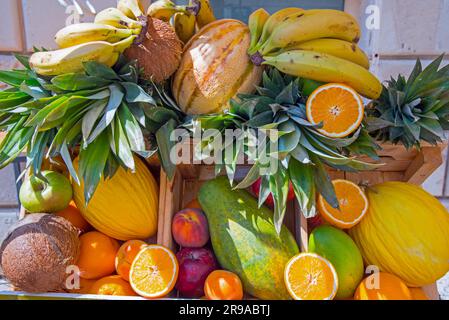 Ein Haufen tropischer Früchte mit Bananen, Ananas, Kokosnüssen und mehr Stockfoto
