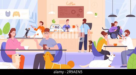 Haustierfreundliches Café. Freunde Freunde Haustiere Besitzer essen Mittagessen trinken im Restaurant, Paare mit Hündchen oder Katzen Unterhaltung im Café für Tiere Vektor-Illustration eines haustierfreundlichen Restaurants Stock Vektor