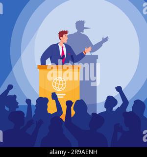 Politischer Lügner. Ein betrügerischer Politiker mit pinocchio lange Nase erzählt eine Rede über den Wahlkampf, Misstrauen der Bevölkerung politische Lügen Heuchelei Korruption, Vektordarstellung eines Lügenpolitikers Stock Vektor