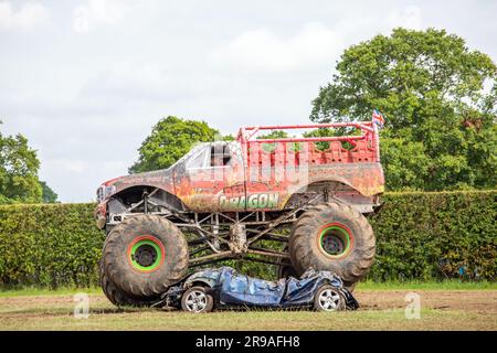 Monstertruck fährt über ein Auto und zerquetscht es während einer Ausstellung auf der Royal Cheshire Show 2023 Stockfoto