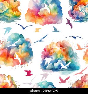 Nahtloses Muster von wasserfarbenen Regenbogenwolken mit Vögeln. Vektordarstellung Stock Vektor