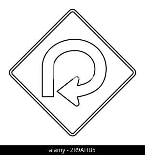 Verkehrszeichen mit 270°-Kurve. Schwarze Konturen auf weißem Hintergrund. Stock Vektor