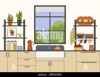 Inneneinrichtung einer gemütlichen Küche mit Fenster. Regale mit Geschirr, ein Waschbecken mit Wasserhahn, Schränke. Vektor. Für das Design von Flyern, Broschüren und Möbeln Stock Vektor
