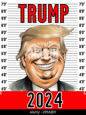 Der Donald Trump, der vor einem schlichten Hintergrund steht, lächelt für ein Fahndungsfoto Stockfoto