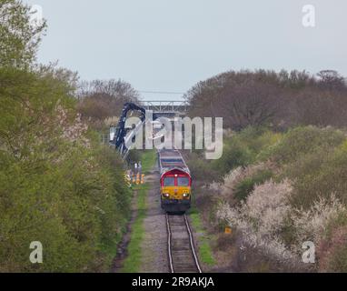 Entladen von Zuschlagstoffen für den Bau von HS2 in Quaniton Railhead, Buckinghamshire. Der Zug wird von der DB-Fracht der Klasse 66 nach oben und hinten transportiert Stockfoto