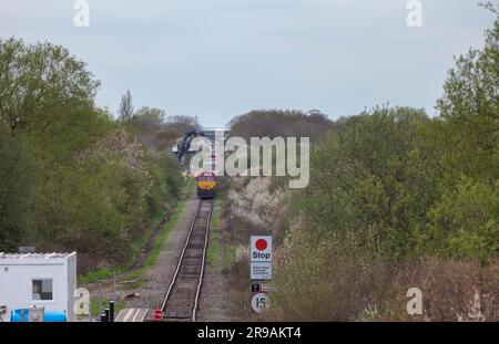 Entladen von Zuschlagstoffen für den Bau von HS2 in Quaniton Railhead, Buckinghamshire. Der Zug wird von der DB-Fracht der Klasse 66 nach oben und hinten transportiert Stockfoto