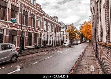 Haarlem, Niederlande - 13. Oktober 2021: Blick auf die Straße und allgemeine Architektur in Haarlem mit typisch holländischen Gebäuden. Stockfoto