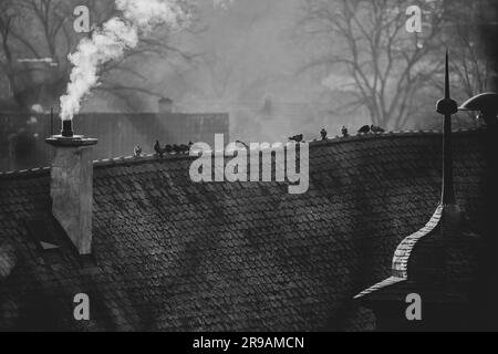 Dieses Schwarz-Weiß-Foto zeigt eine Szene von Industrierauch, der aus mehreren Schornsteinen strömt Stockfoto