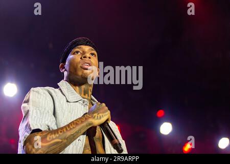 Milwaukee, USA. 24. Juni 2023. NLE Choppa (Bryson Lashun Potts) beim Summerfest Music Festival am 24. Juni 2023 in Milwaukee, Wisconsin (Foto: Daniel DeSlover/Sipa USA) Guthaben: SIPA USA/Alamy Live News Stockfoto