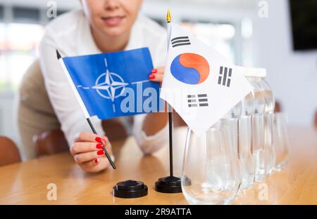 Nationalflagge Südkoreas und NATO-Flagge auf dem Verhandlungstisch Stockfoto